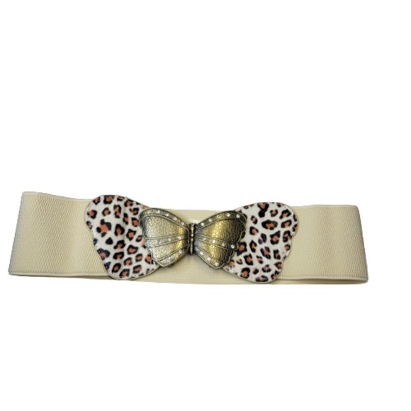 Butterfly Buckle Stretch Belt Animal Print Antique Gold Tone Buckle Brown Cream - Picture 2 of 16